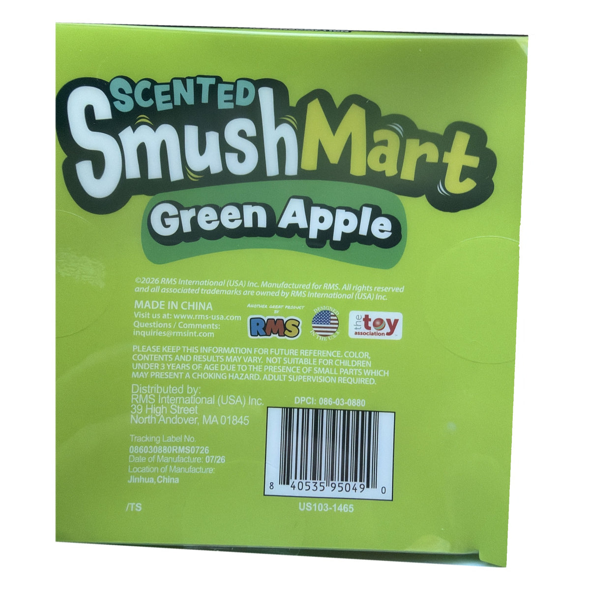 Back of Crazy Fun SmushMart Green Apple box with RMS info and barcode