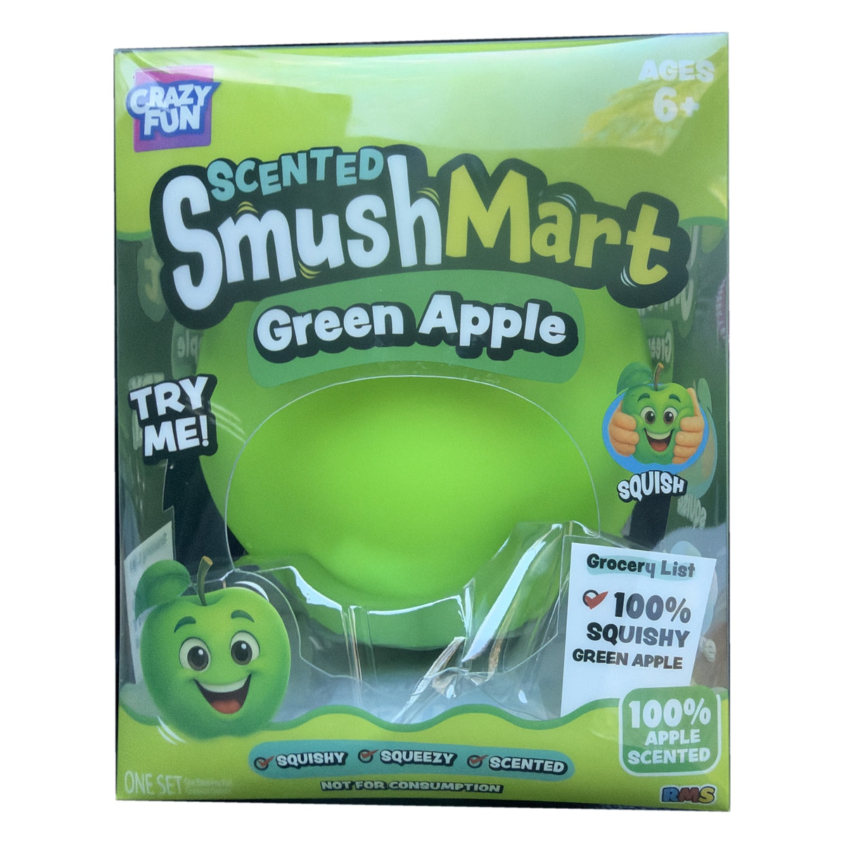 Crazy Fun Scented SmushMart Green Apple squishy in window box, front