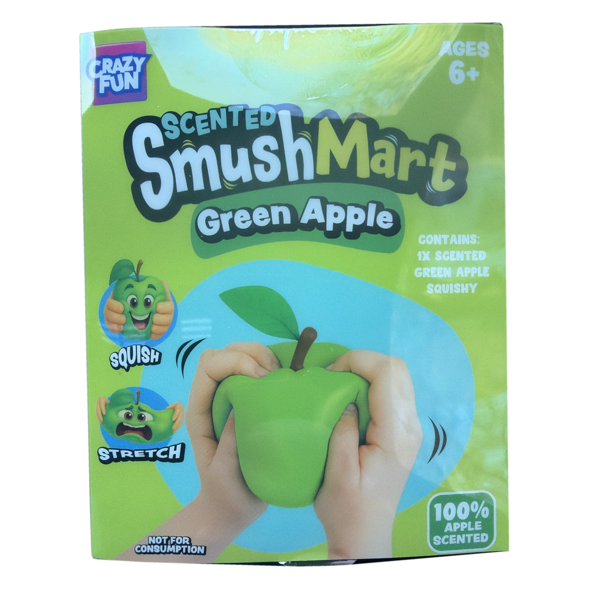 Crazy Fun SmushMart Green Apple box side showing squish and stretch