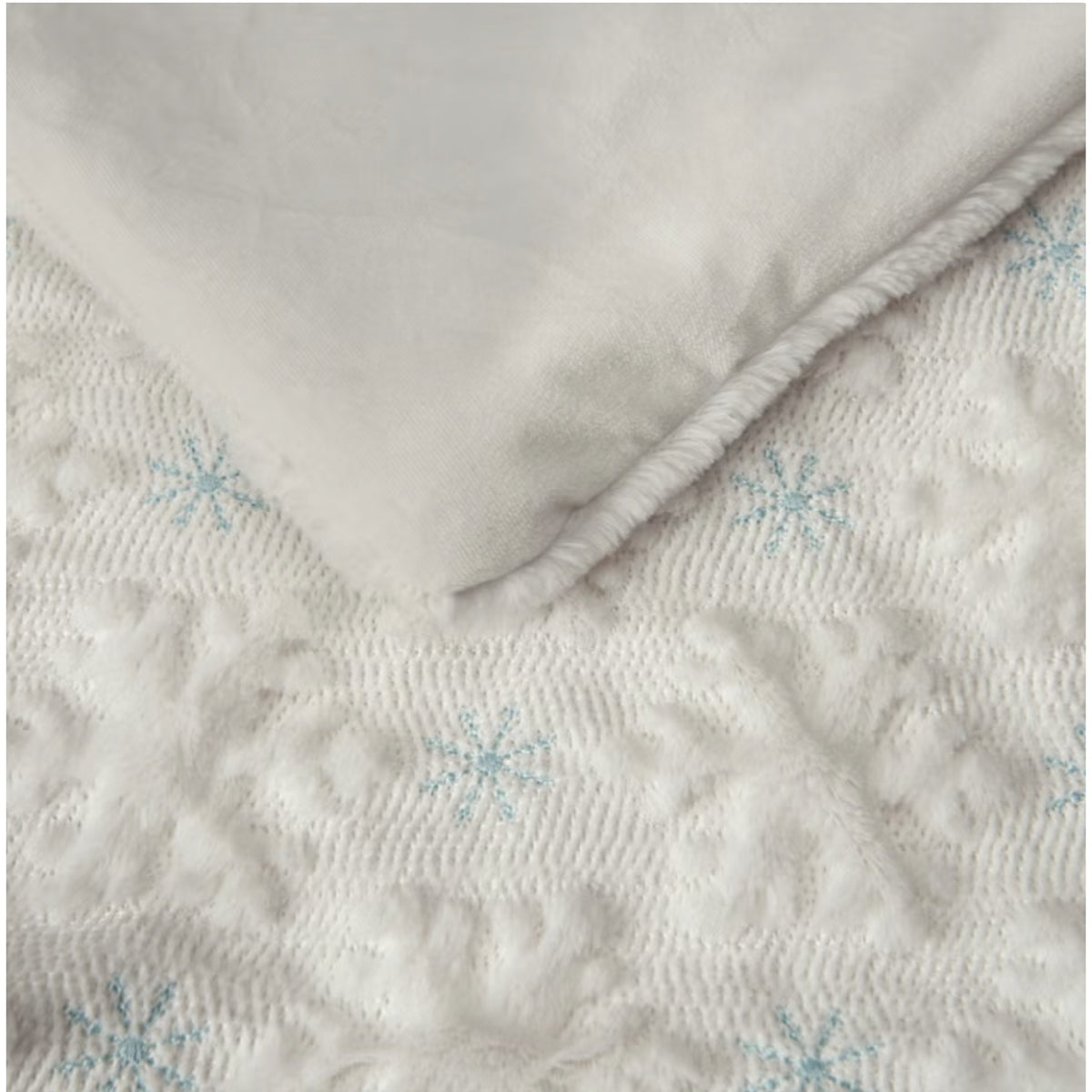 Holiday embroidered faux fur throw, Snowflake style, close-up of embroidery and mink reverse