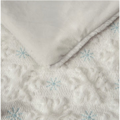 Holiday embroidered faux fur throw, Snowflake style, close-up of embroidery and mink reverse