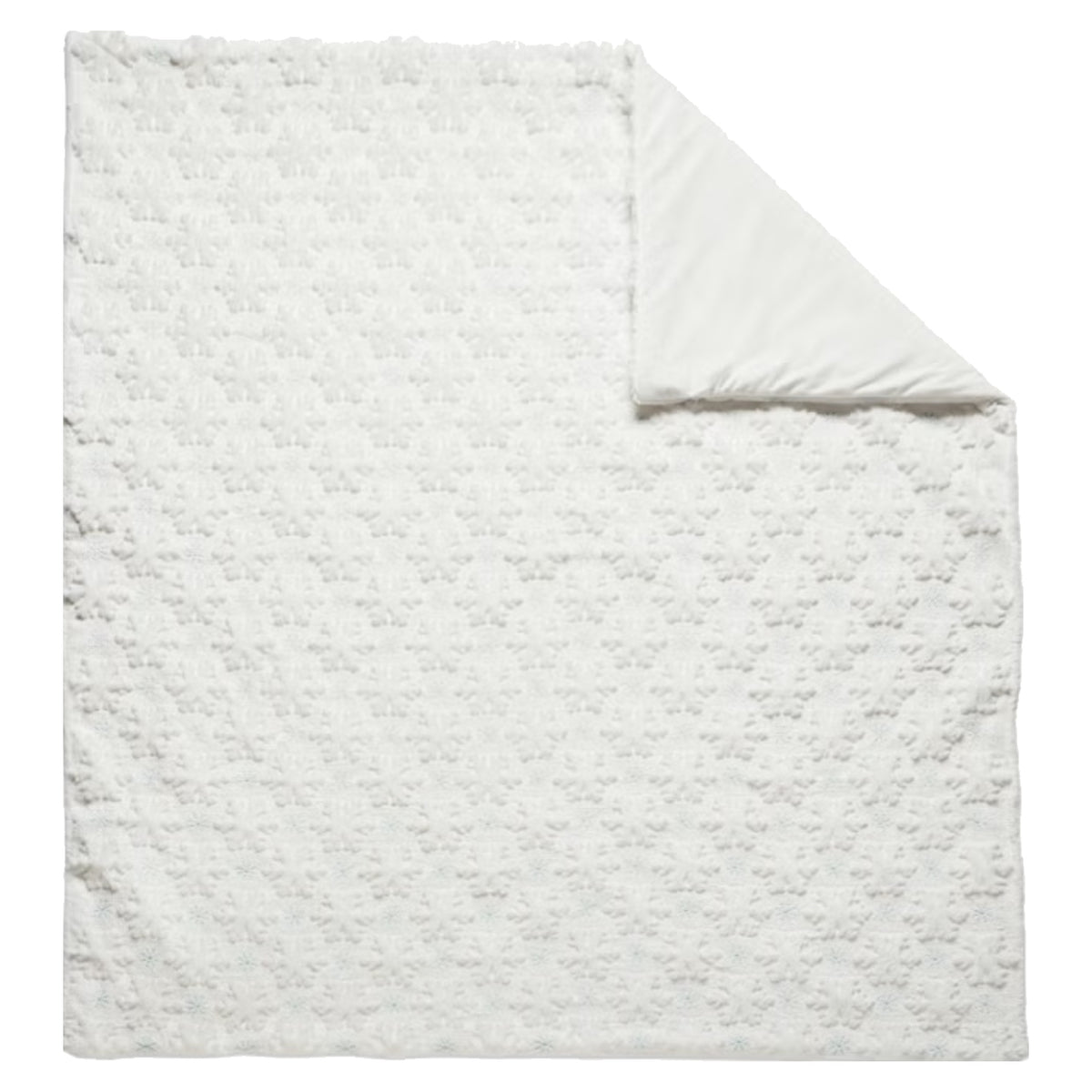 Holiday embroidered faux fur throw, Snowflake style, laid flat with corner folded
