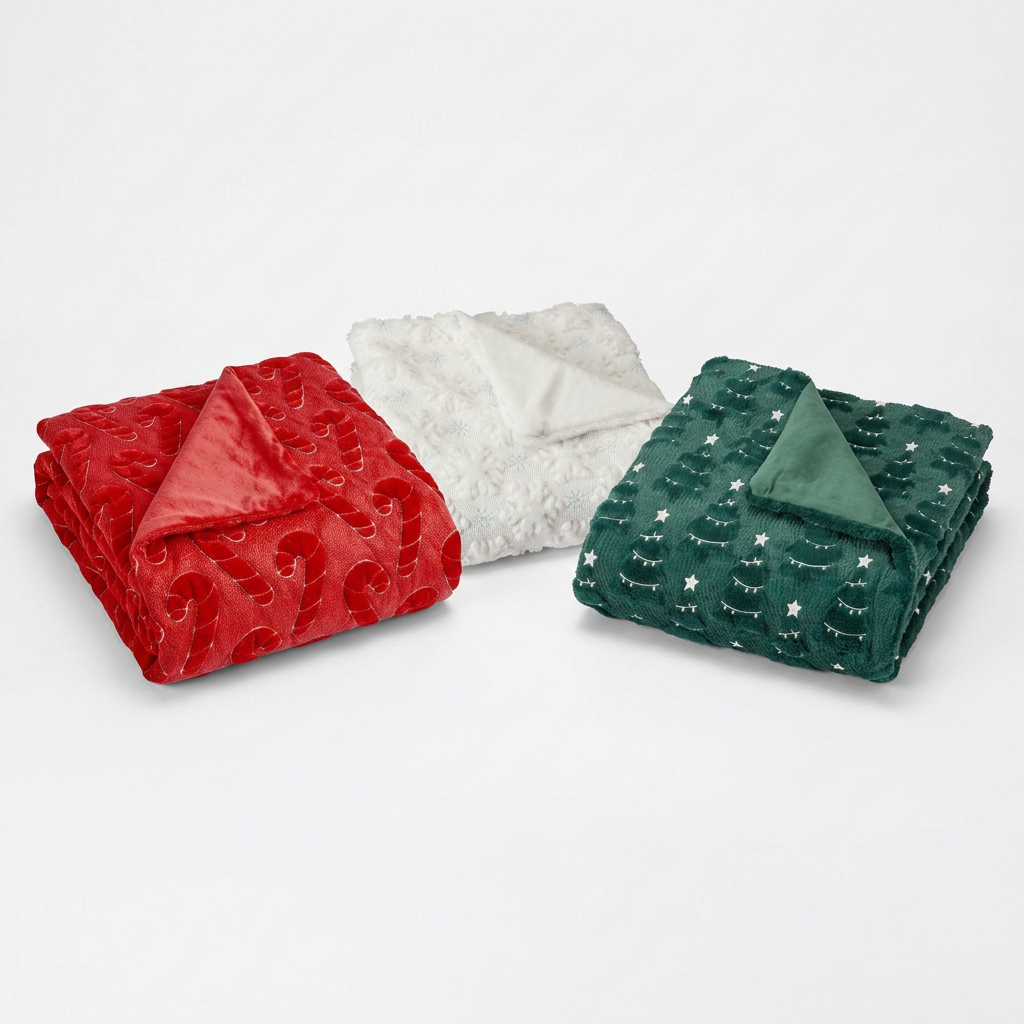 Three holiday faux-fur throw blankets together