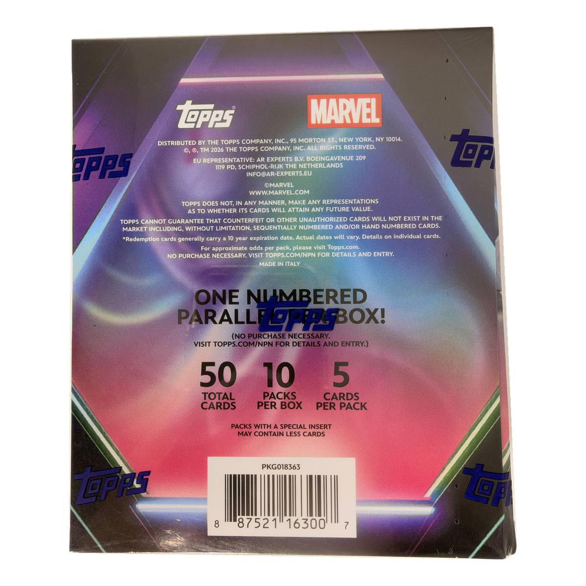2026 Topps Neon Marvel Mega Box back, 50 total cards, 10 packs per box, 5 cards per pack