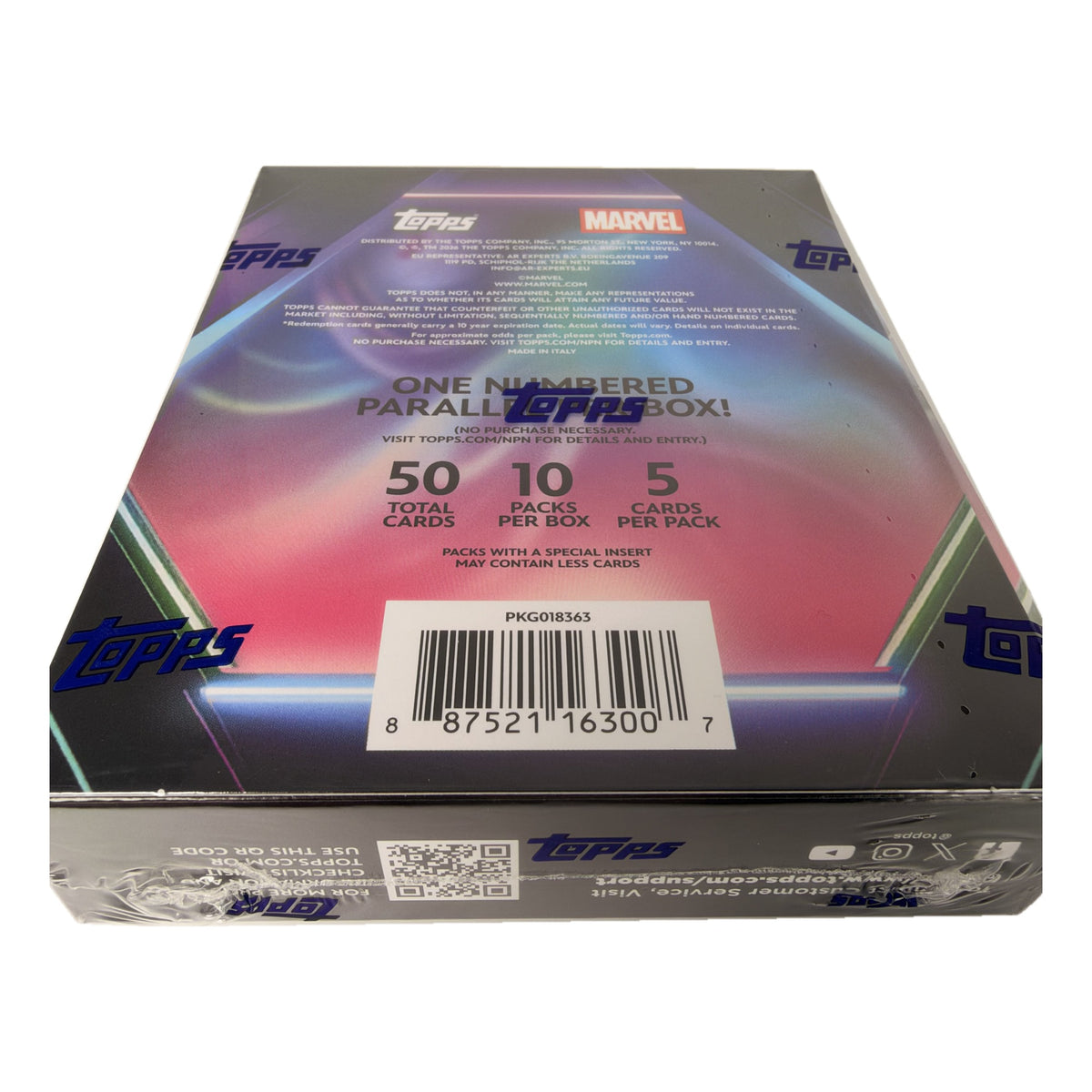 2026 Topps Neon Marvel Mega Box angled back and side view with UPC barcode