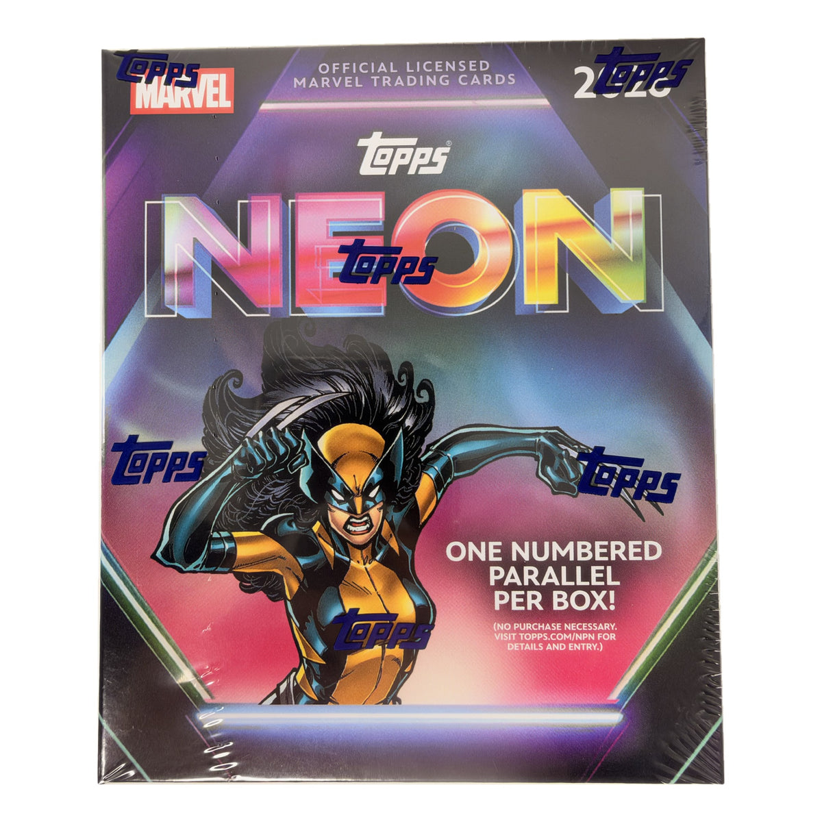 2026 Topps Neon Marvel Mega Box sealed, front view, 50 cards with one numbered parallel per box