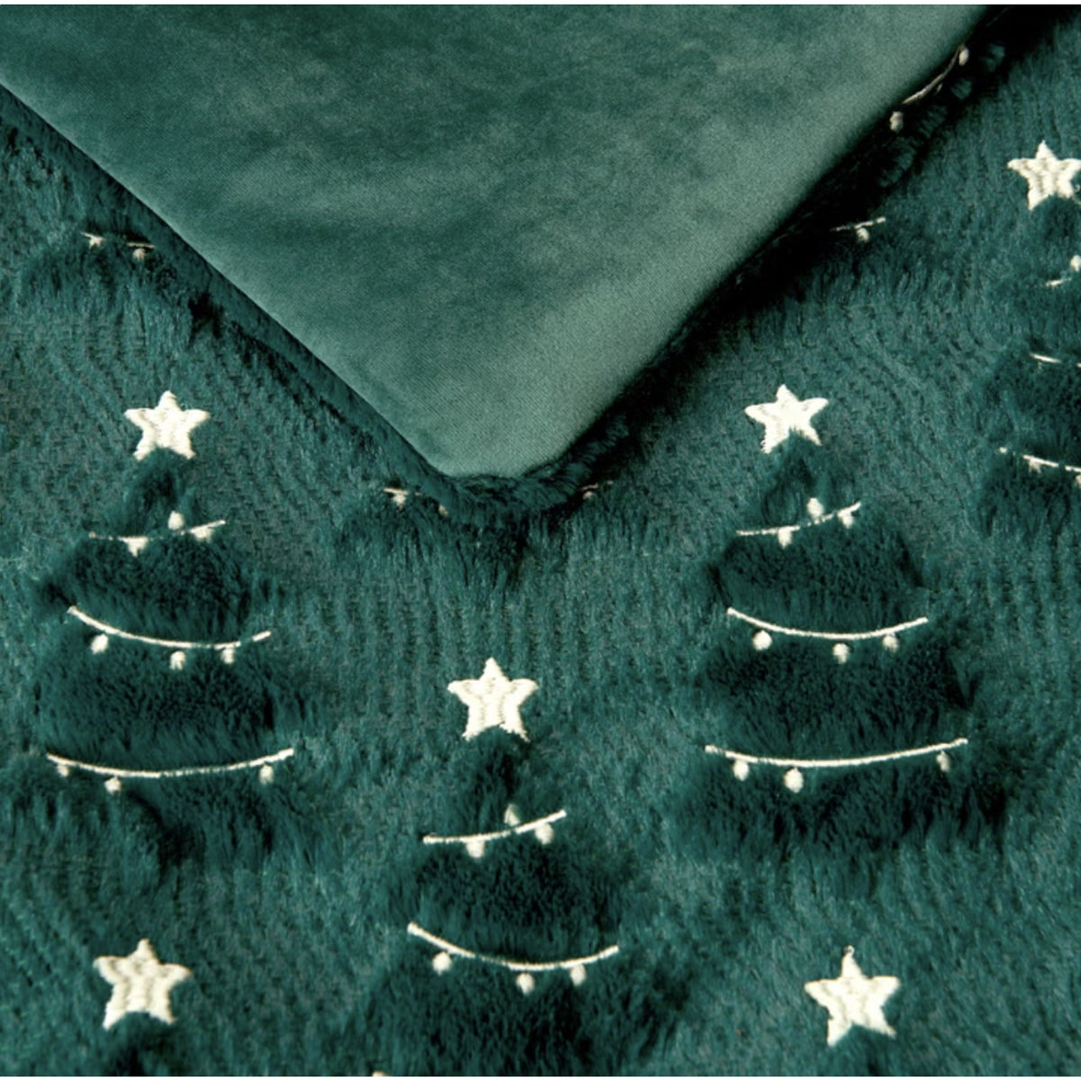 Holiday embroidered faux fur throw, Tree style, close-up of embroidery and mink reverse