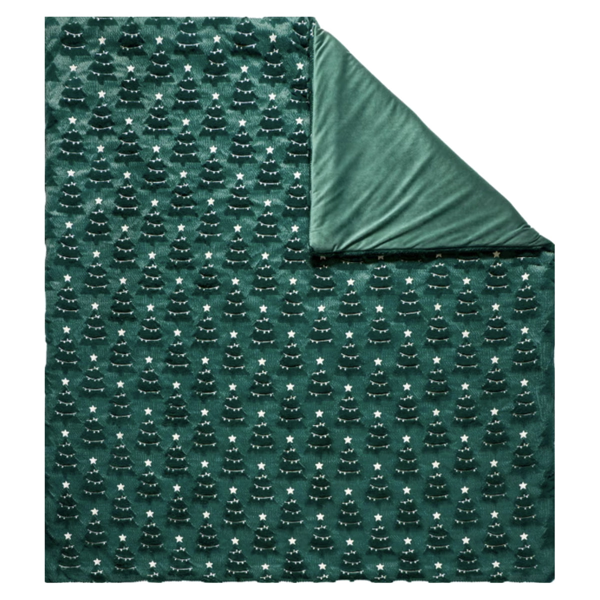 Holiday embroidered faux fur throw, Tree style, laid flat with corner folded