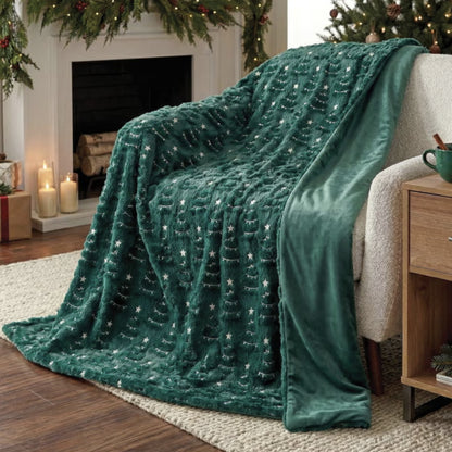 Holiday embroidered faux fur throw, Tree style, draped over a chair