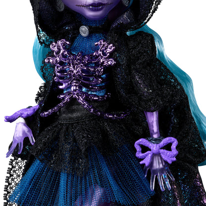 Close-up of a doll with purple hands and a decorative purple bow, wearing a black and blue outfit.