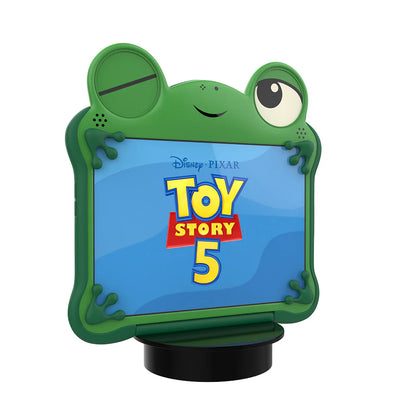 Frog-shaped device with 'Toy Story 5' logo on a white background