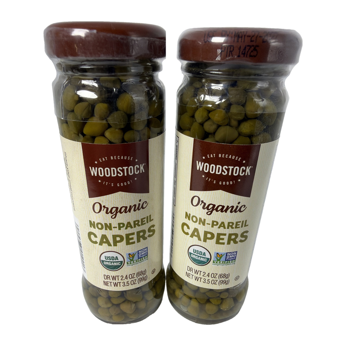 Woodstock Organic Non-Pareil Capers 2-pack, two 3.5 oz glass jars, front