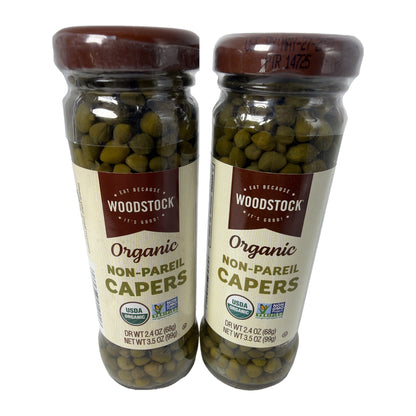 Woodstock Organic Non-Pareil Capers 2-pack, two 3.5 oz glass jars, front