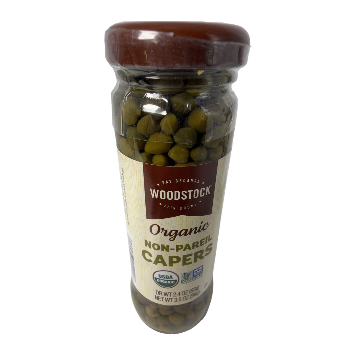 Woodstock Organic Non-Pareil Capers jar, front label